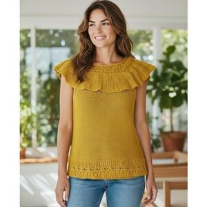 Anthropologie On/ Off The Shoulder Ruffle Knit  Sweater in Mustard Yellow Sz M